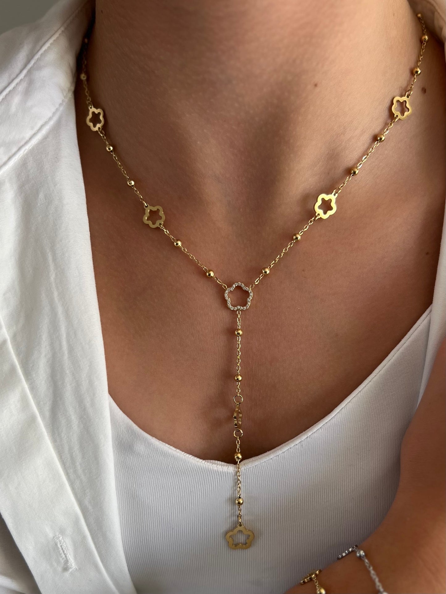 Collier en Y fleur strass